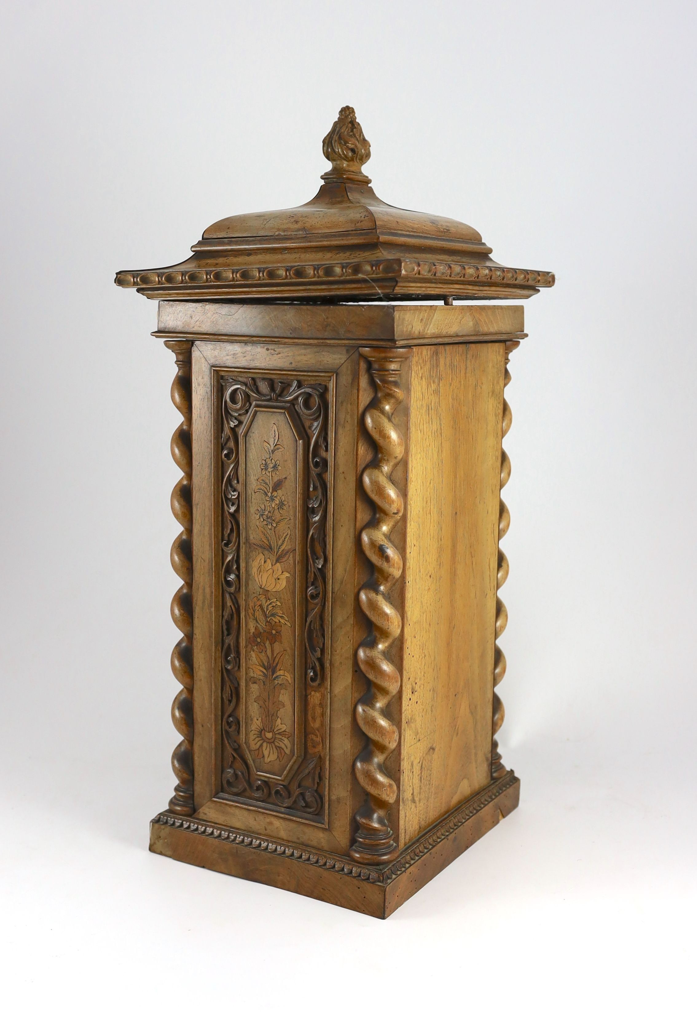 A mid 19th century French marquetry inlaid walnut country house post box-57 cms high. width 26cm depth 24cm height 56cm